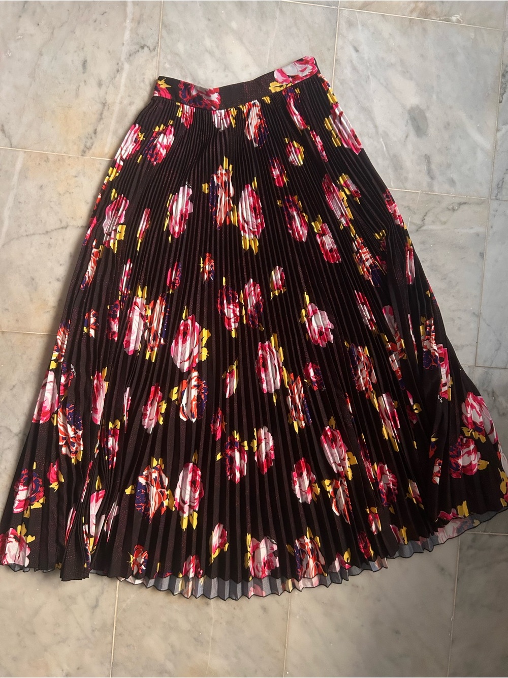 MSGM Pleated Black Floral Midi Skirt - Pink & Yellow Flower Print